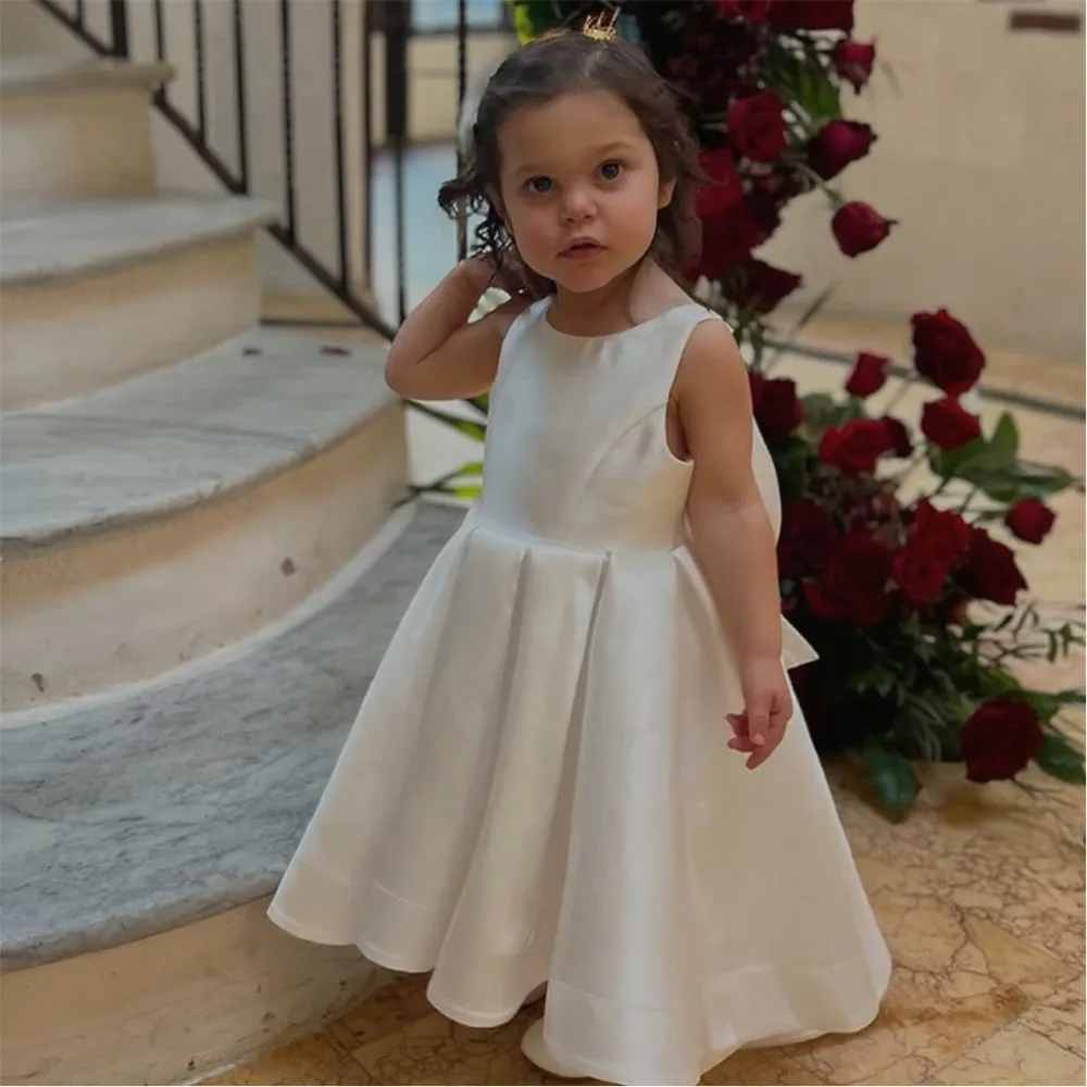 

Elegant Flower Girl Wedding Dress Satin Bow Sleeveless Mini Bridal Dress Kid Birthday Party First Communion Ball Gown Customized