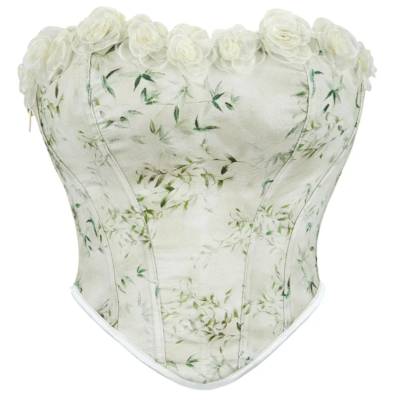 

Matte Green Corset Shapewear Top Bustier Three-dimensional Flower Decoration Shapewear Overbust Corset Green Bamboo Print