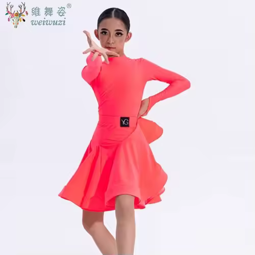 Girls Latin Dance Competition Clothing Glossy Fabric Long Sleeves Dance Dress Kids Cha Rumba Dance Practice Training Wear - Image 5