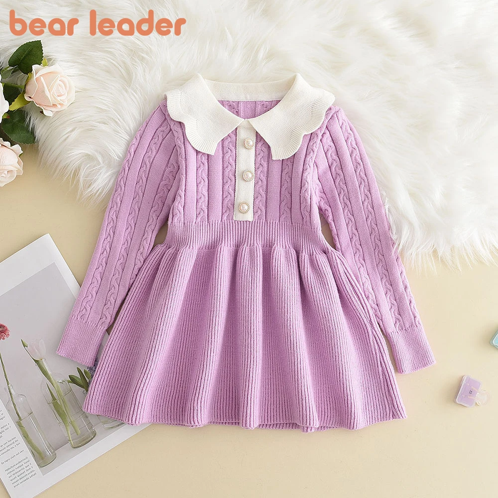 Bear Leader Winter Girls Knitting Wool Long Sleeve Dress Autumn Girls Baby Ruffle Knitted Princess Sweater Dress Casual Clothes