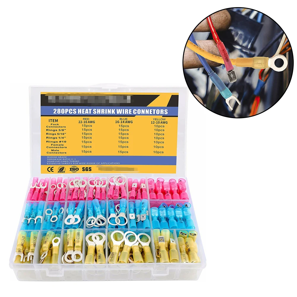 280Pcs Heat Shrink Wire Connectors Waterproof Automotive Marine Electrical Terminals Crimp Connector Ring Fork Spade Splices