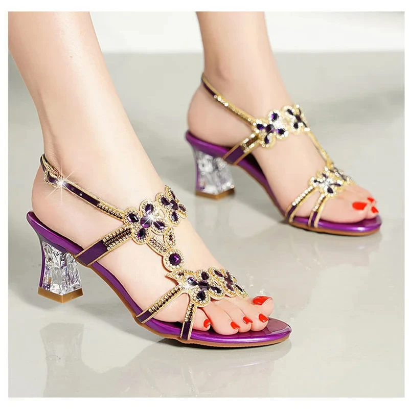 Summer New Style Rhinestone High Heel Sandals Women\'s Open Toe Fashion Elegant Beach Shoes Roman Diamond-encrusted Shoes