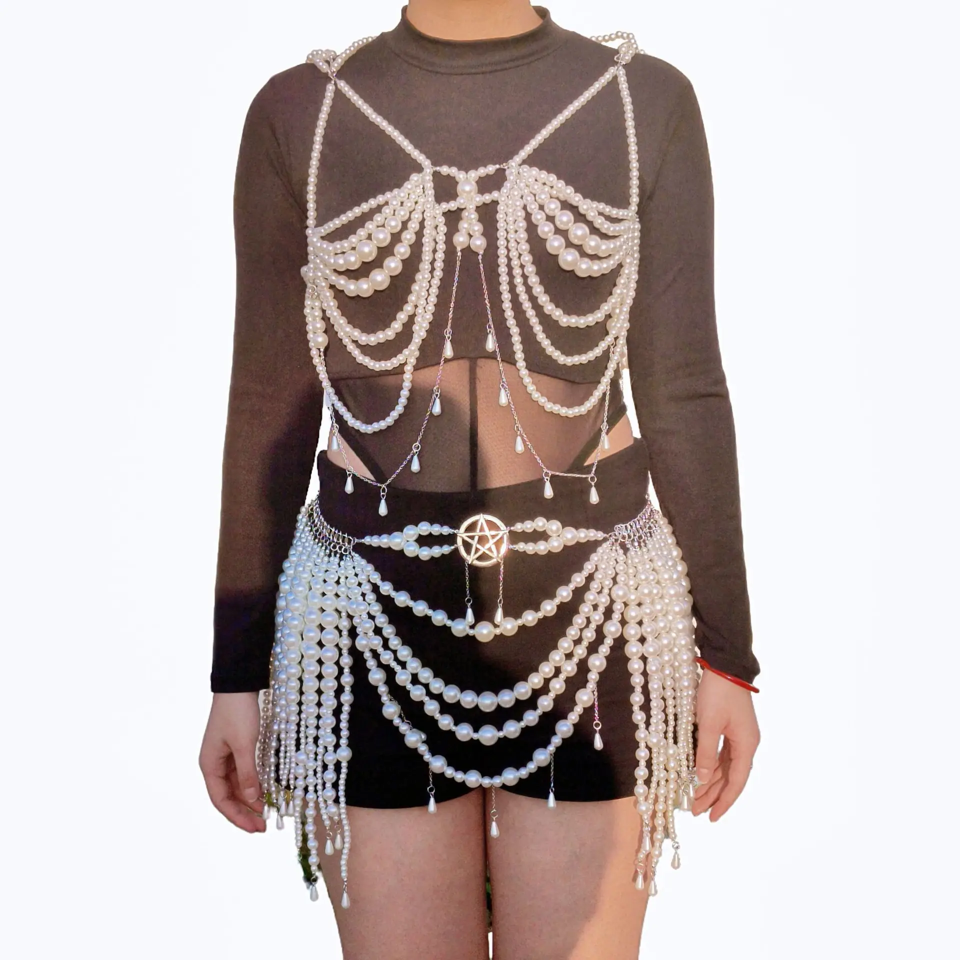 Goth Star Pendant Openwork Bead Vest Belly Chain Set Harajuku Alternative Aesthetic Stage Performance Body Decoration