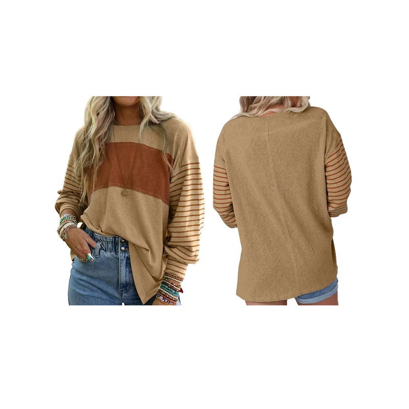 

Long Sleeve Tops Oversized 2025 Trendy Round Crew Neck Casual Color Block Womens Shirts Blouses