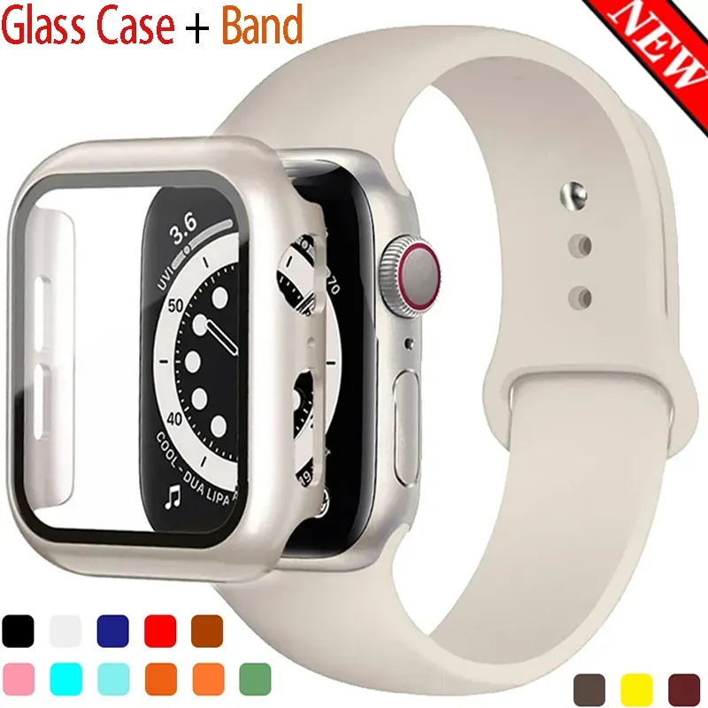 Glass Case Strap For Apple Watch Band 44mm 42 45 41mm 38 40mm Silicone Wrist Bracelet iWatch Series 8 9 7 6 5 4 3 1 ultra 2 49MM