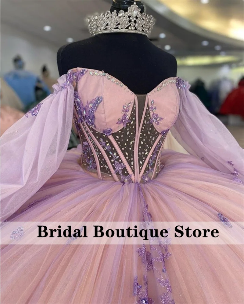 New Purple Princess Quinceanera Dress Ball Gown Beads Crystals Butterfly Appliques Pageant Sweet 15 Party Vestidos Customized