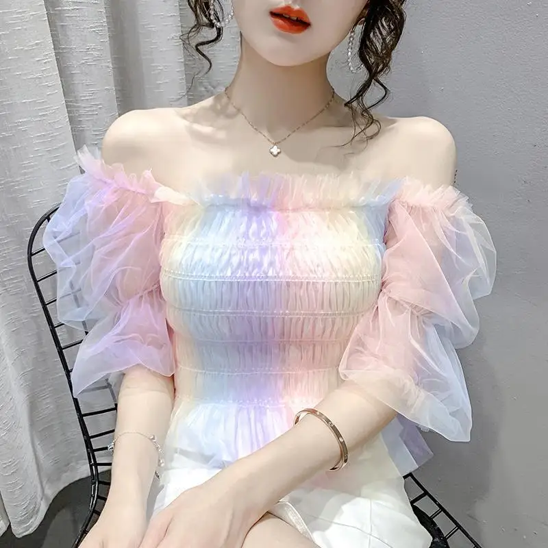 

Summer New Ageing Design Net Yarn Short Slim Bubble Sleeve One-Shoulder Chiffon Sweater Tops for Women Q08