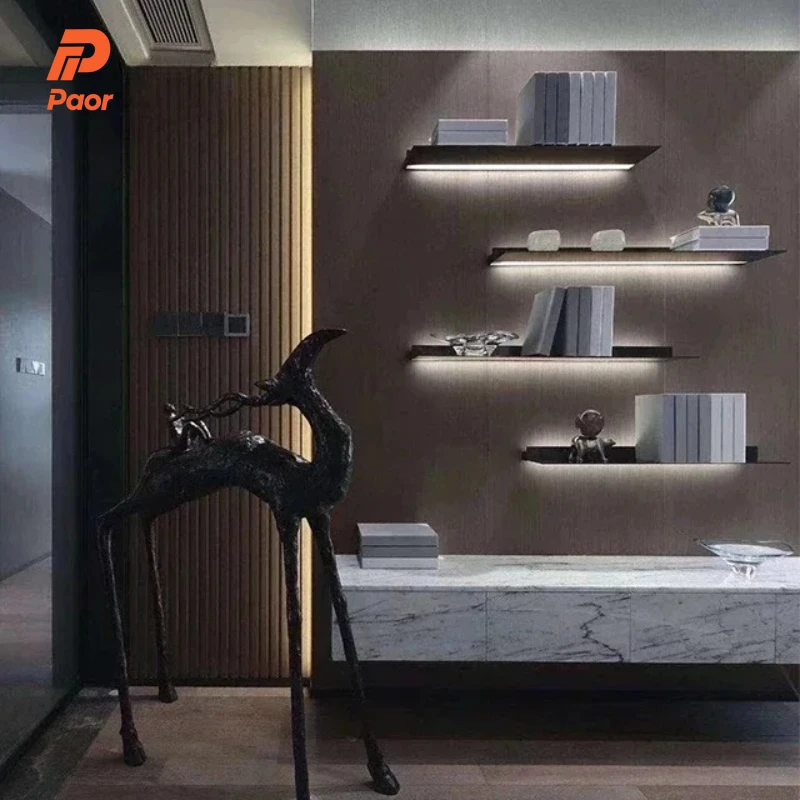 50-150cm Led Wall Shelf Mounted Storage,Shelves With Led Light Holder Minimalism Decoration, Alluminium Bookcase Wall Shelf