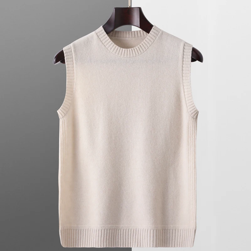 

100% чистая шерсть, вязаная майка, мужской пуловер с круглым вырезом, жилет без рукавов, осенне-зимний теплый, универсальный жилет, повседневный свитер