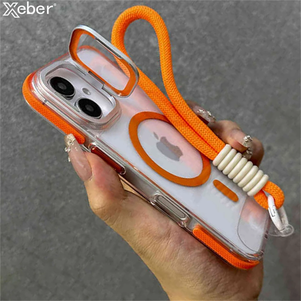 Magnético para Magsafe carga inalámbrica Flip soporte para cámara funda con correa para la muñeca para iPhone 16 11 12 13 14 15 Pro Max Plus cubierta transparente