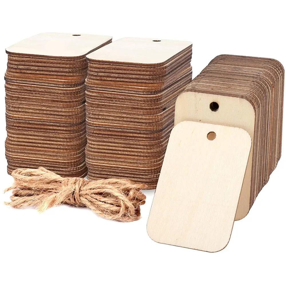 25Pcs/Lot Unfinished Wood Slice Tags Rectangle Wooden Hanging Label With Hemp Rope DIY Craft  Hanging Wedding Christmas Decor