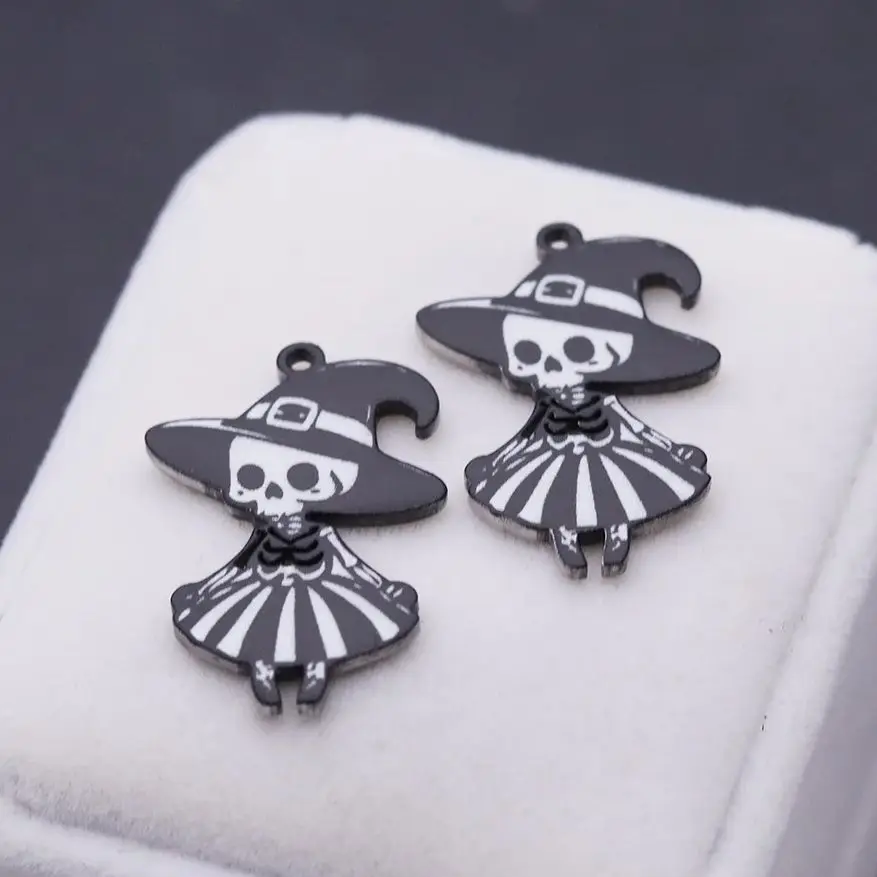 

2pcs New Trend Magic Witch Halloween Black Skeleton Pendant Stainless Steel Charms for Jewelry Making Necklace diy Accessories