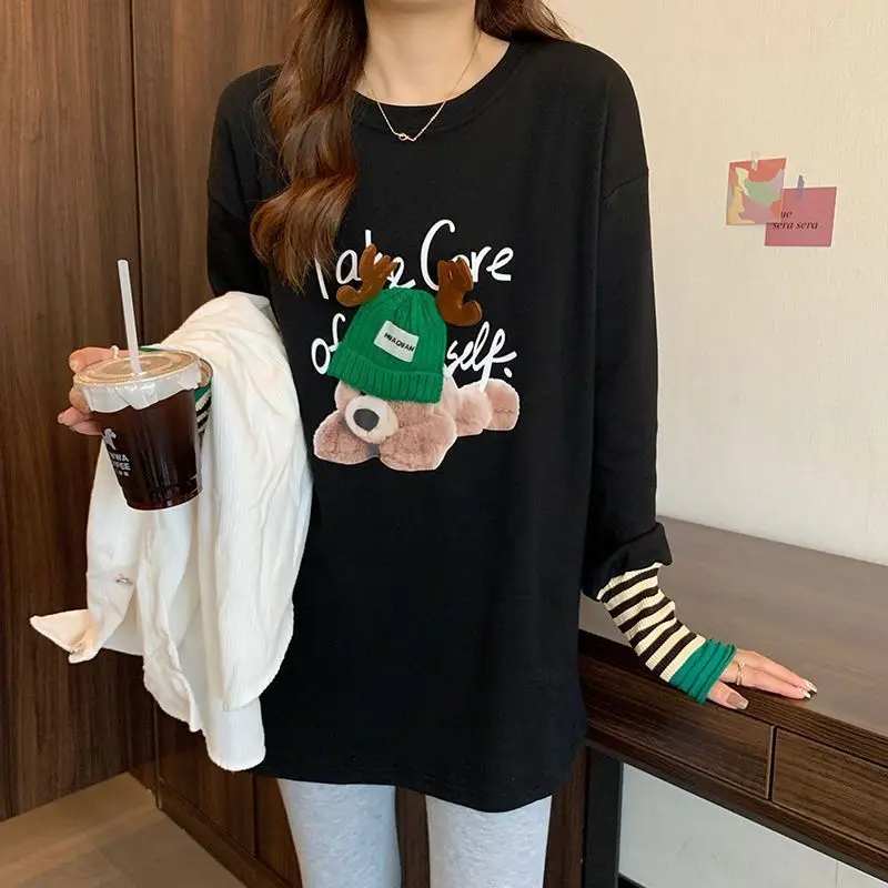 Fashion Printed Spliced Striped Casual T-Shirt Female Clothing 2023 Autumn Winter New Loose Korean Tops Fake Two Piece Tee Shirt