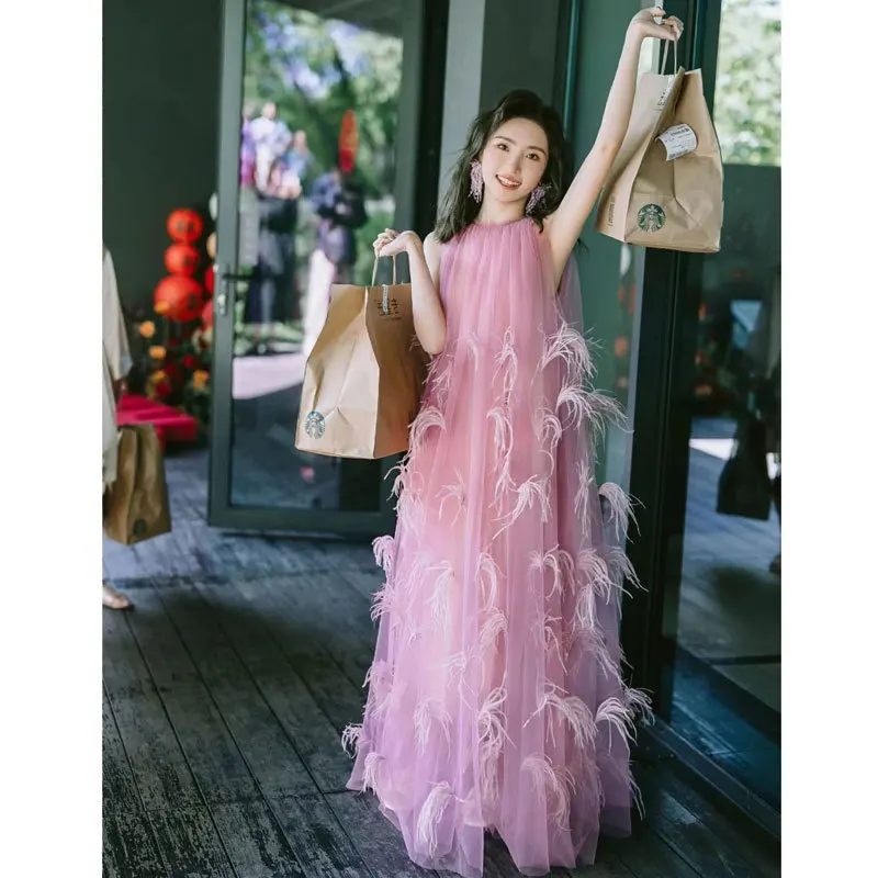 

New Chinese Sle Morning Robe Wedding Dr Ne Hanging Feather Svel High Waist Long Skirt for Engagement And Wedding