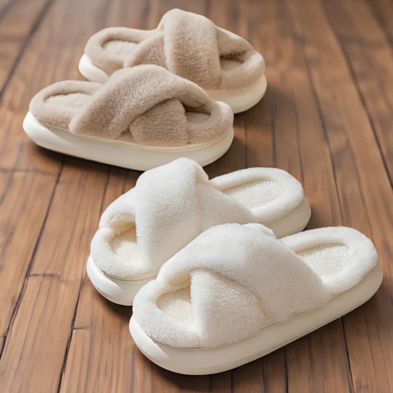 

Thick-soled crisscross strap slippers, floor mats, fuzzy slippers for women, autumn and winter outerwear, slip-resistant