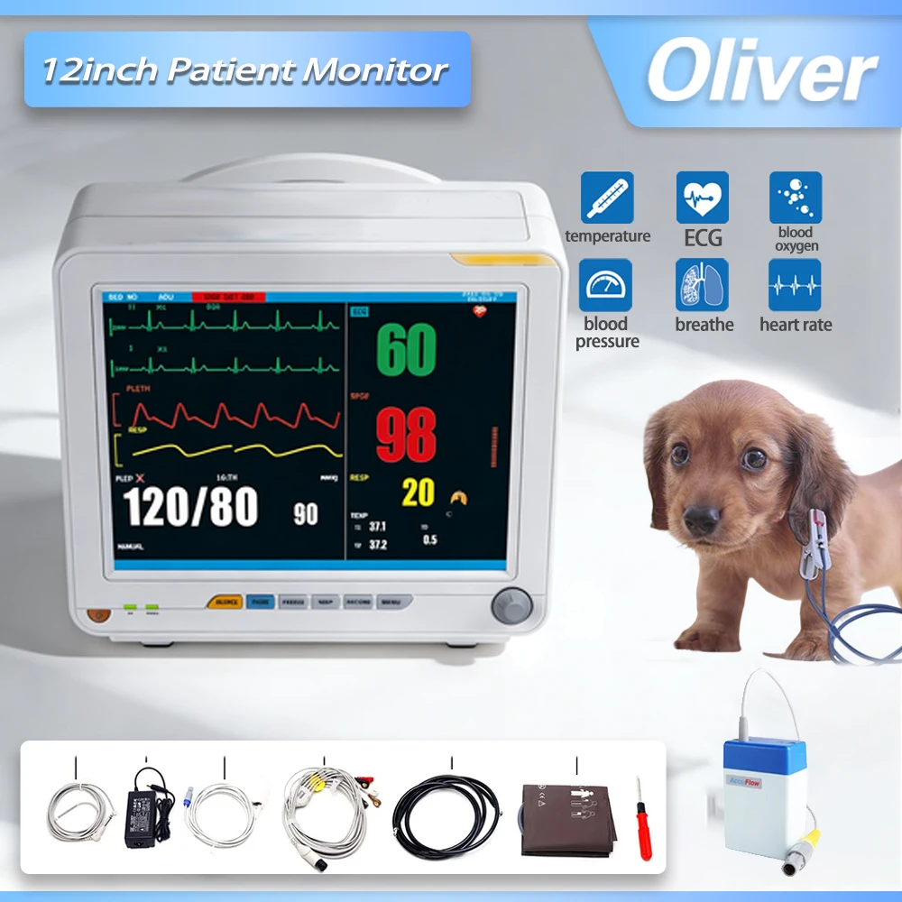 Monitor multiparamétrico veterinario para animales con pantalla TFT de 12 pulgadas, 6 parámetros opcionales para capnografía ETCO2 IBP
