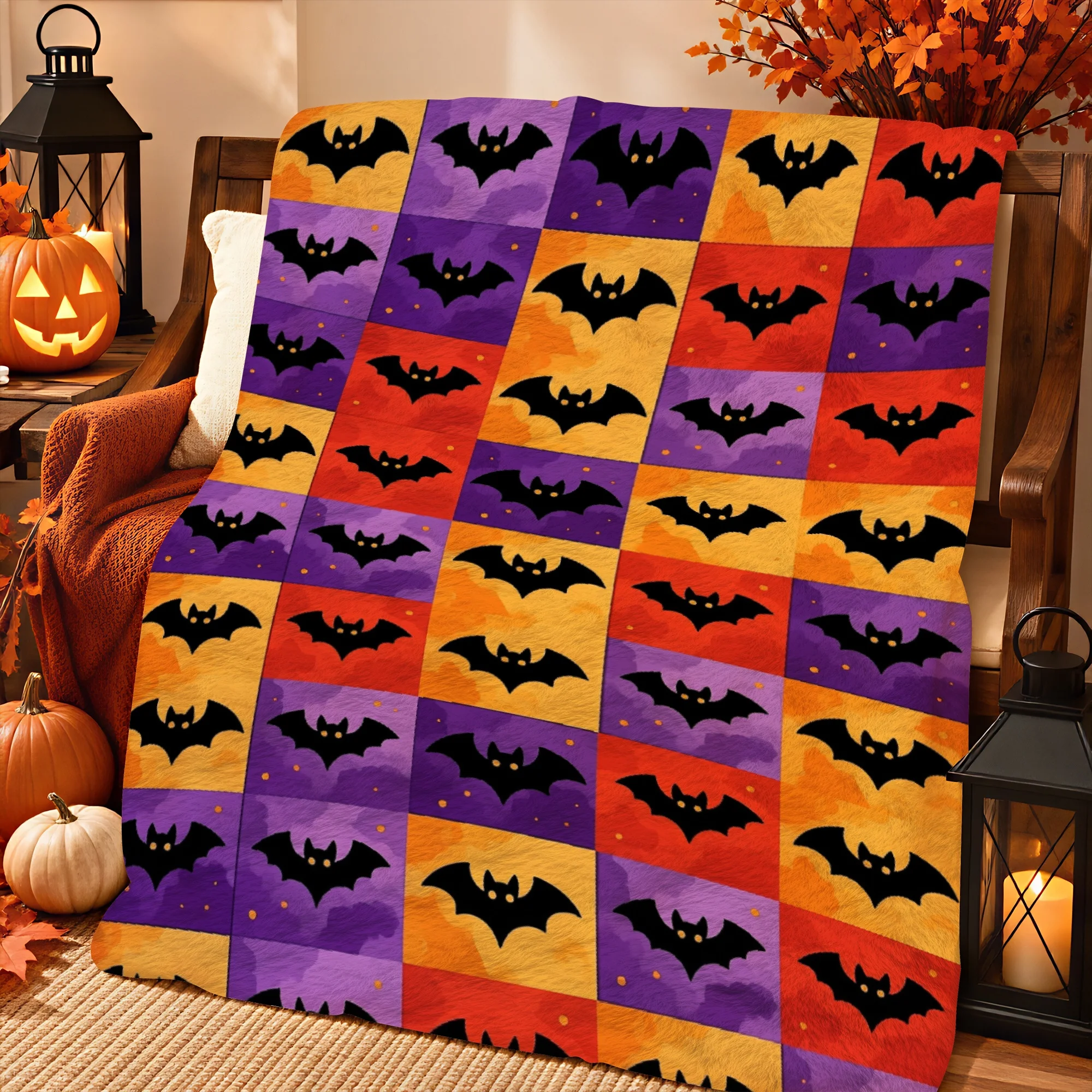 1pc 2D Printed Halloween Bat Pattern Throw Blanket with Purple, Orange, Red Squares & Black Silhouettes. Warm, Soft for Sofa, Be