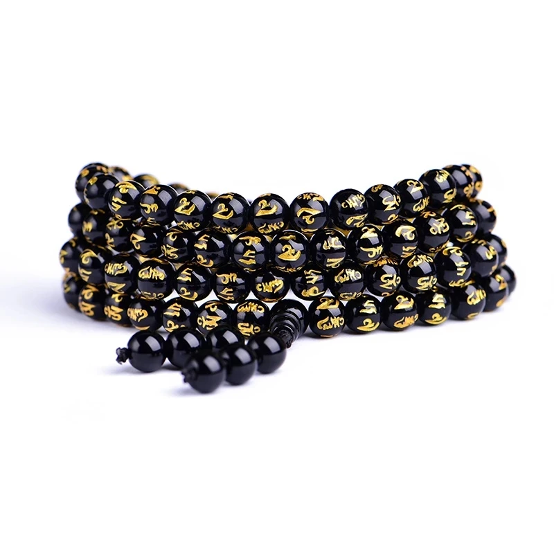 Natural Obsidian Six Words Bronzing 108 Beads Bracelet Fashion Jewelry With Many Layers Stretch Bracelets&Bangle For Men Women