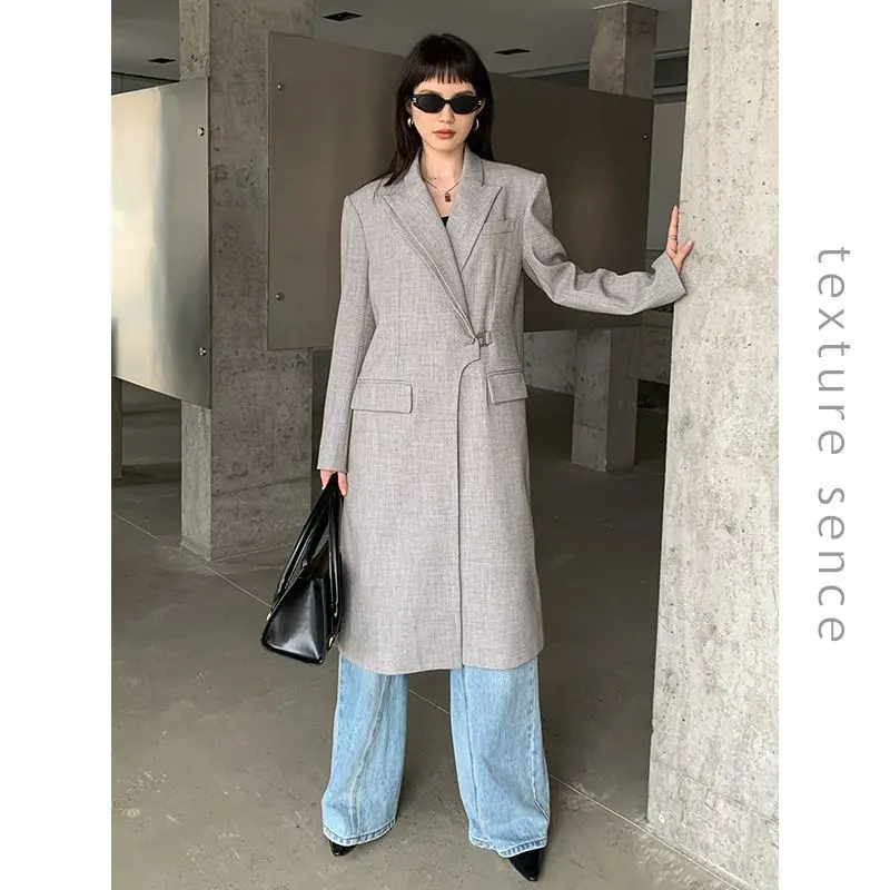 

SuperAen 2022 Autumn New Temperament Design Long Coat High-end Fashion Office Lady Blazer Jacket Female