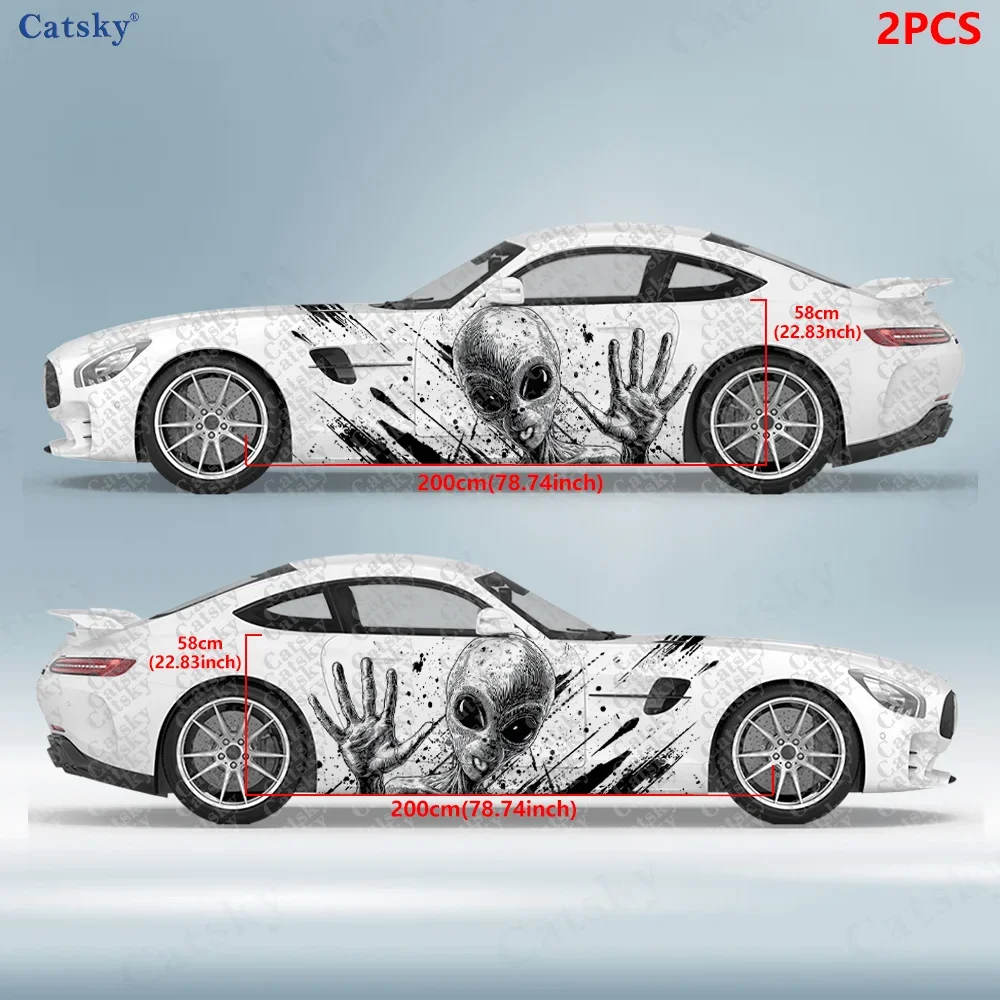 2pcs Funny Black Alien Splatter Car Side Wraps, Self-Adhesive PVC Waterproof & Scratch-Resistant Stickers, Car Accessory Gift