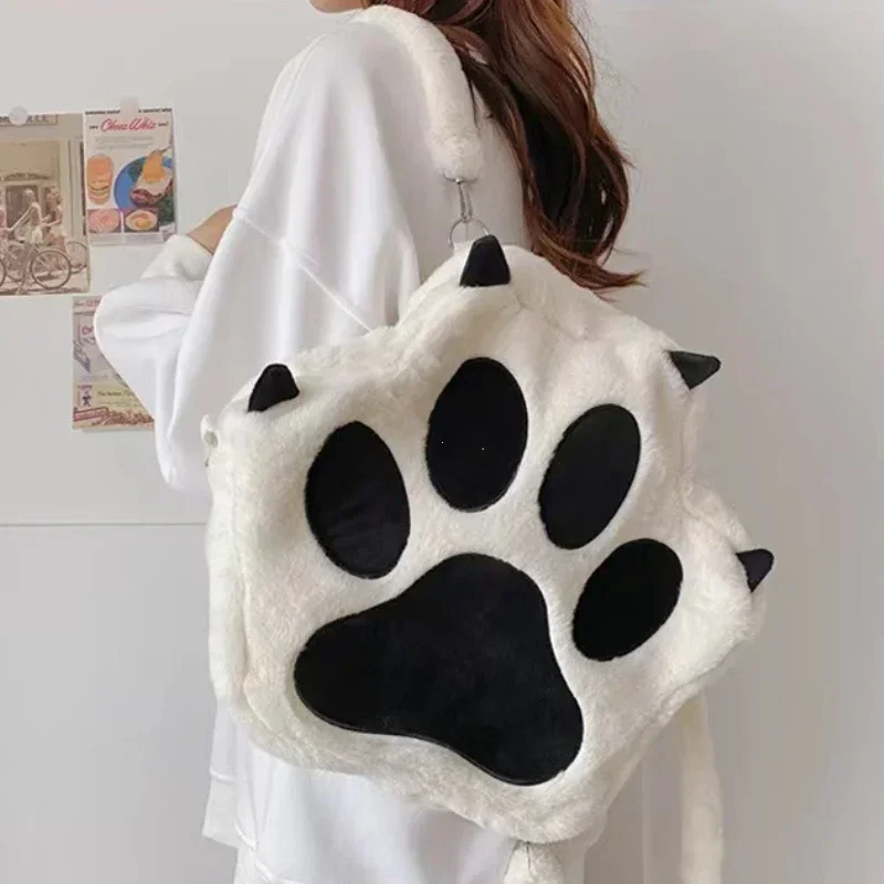 JK Girls Bag Cute Cat Paw Plush Backpack with Adjustable Straps Soft Furry Purse  Cartoon Backpack for Women Girls