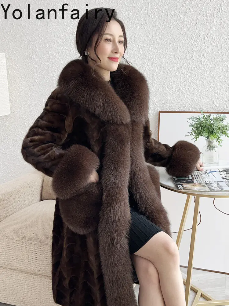 YOLANFAIRY High-end Real Fur Coat Women Mink Jacket 2026 New Winter Luxury Fox Fur Collar Long Pieced Mink Fur Coats 5XL 104 Cm