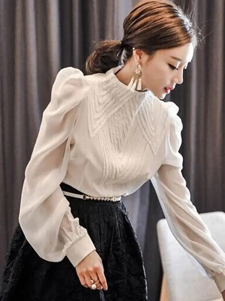 Klassieke Prinses Stijl Chiffon Shirts Vrouwen Mode Geplooid Sexy Zien Door Witte Blouses Lange Mouw Dames Casual Basic Tops