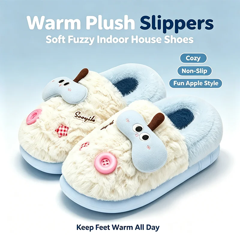 Womens Fun Apple Plush Slippers, Fluffy Soft Thick‑Sole Non‑Slip Cozy Winter Indoor Home House Slippers