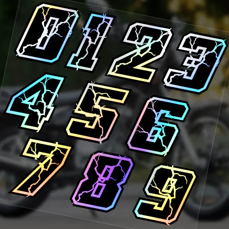 Lightning Racing Number Sticker 1PC 0-9 Holographic Rainbow Vinyl Decal Waterproof Motorcycle Fairing Body Helmet Decoration