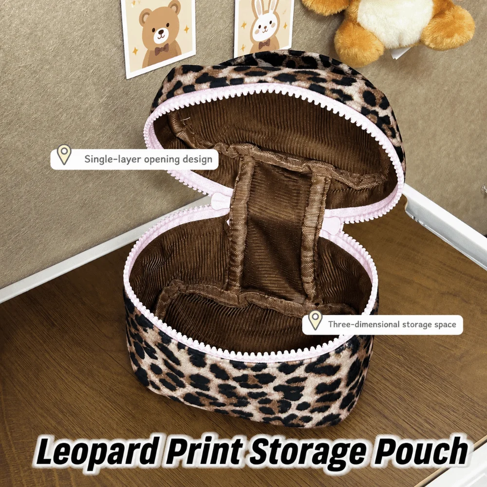 Portable Leopard Print Square Storage Box Handheld Zipper Design Makeup Bag Small Cosmetic Pouch Women Girls