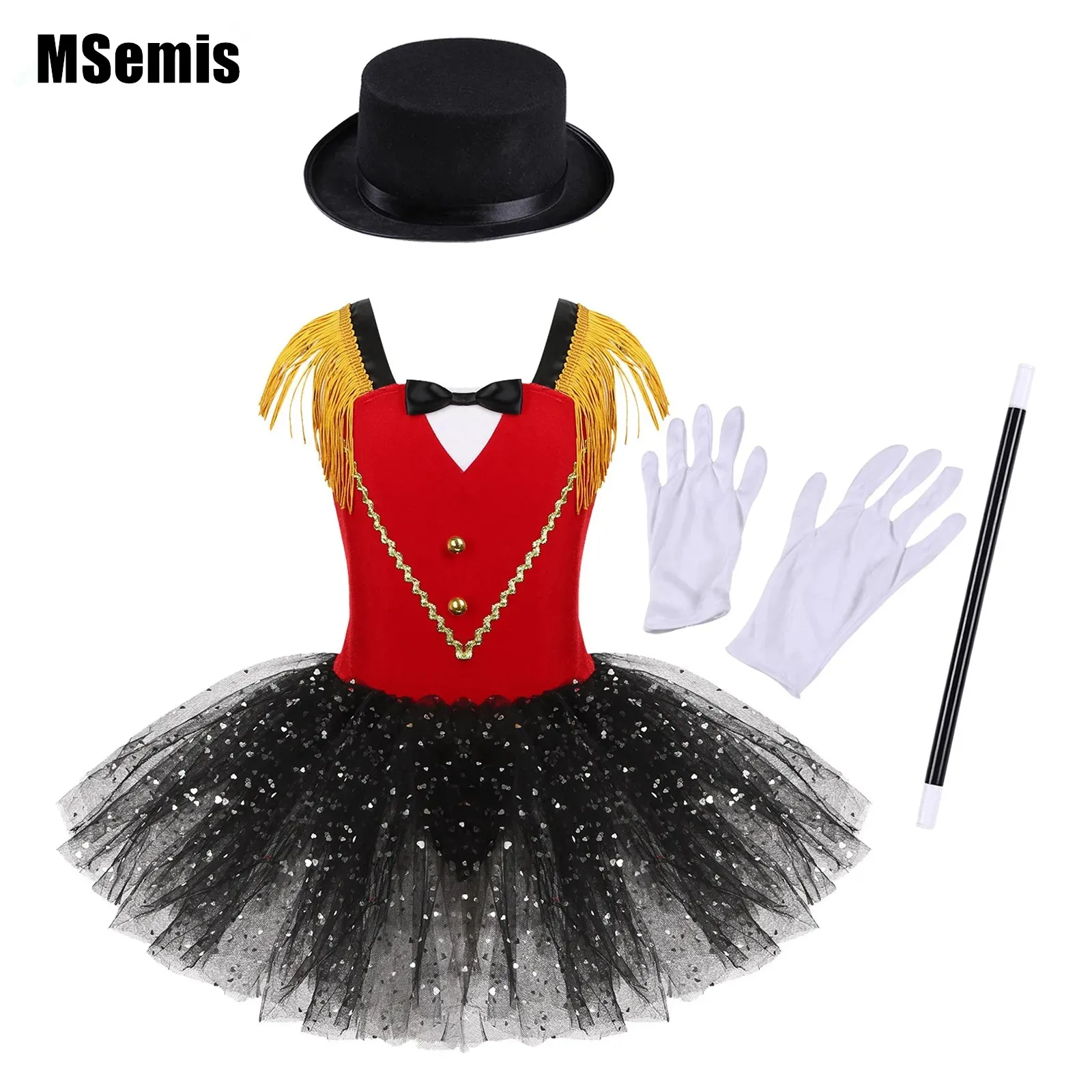 

Kids Girls Circus Costume Set Tassel Shoulder Straps Bowtie Tutu Leotard Dress with Hat Magic Wand Gloves for Cosplay