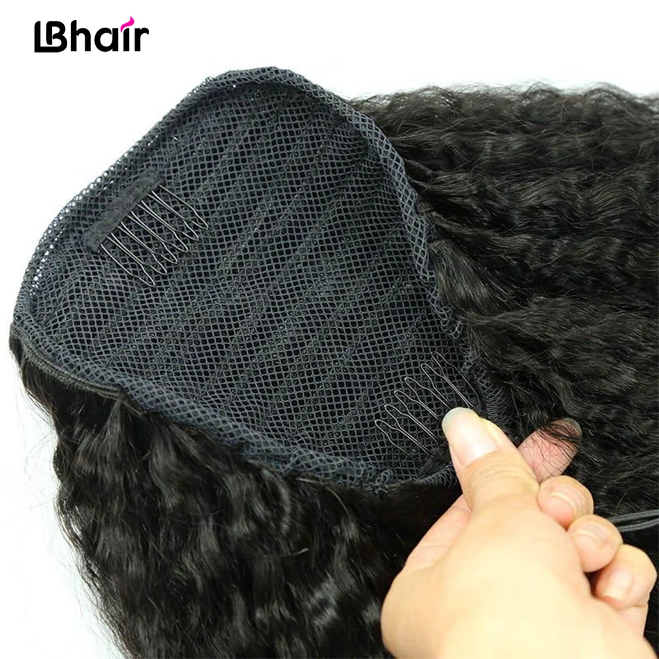 Kuncir ekor kuda Kinky lurus tali rambut manusia ekstensi Brasil 26 inci 120g ekor kuda serut warna alami