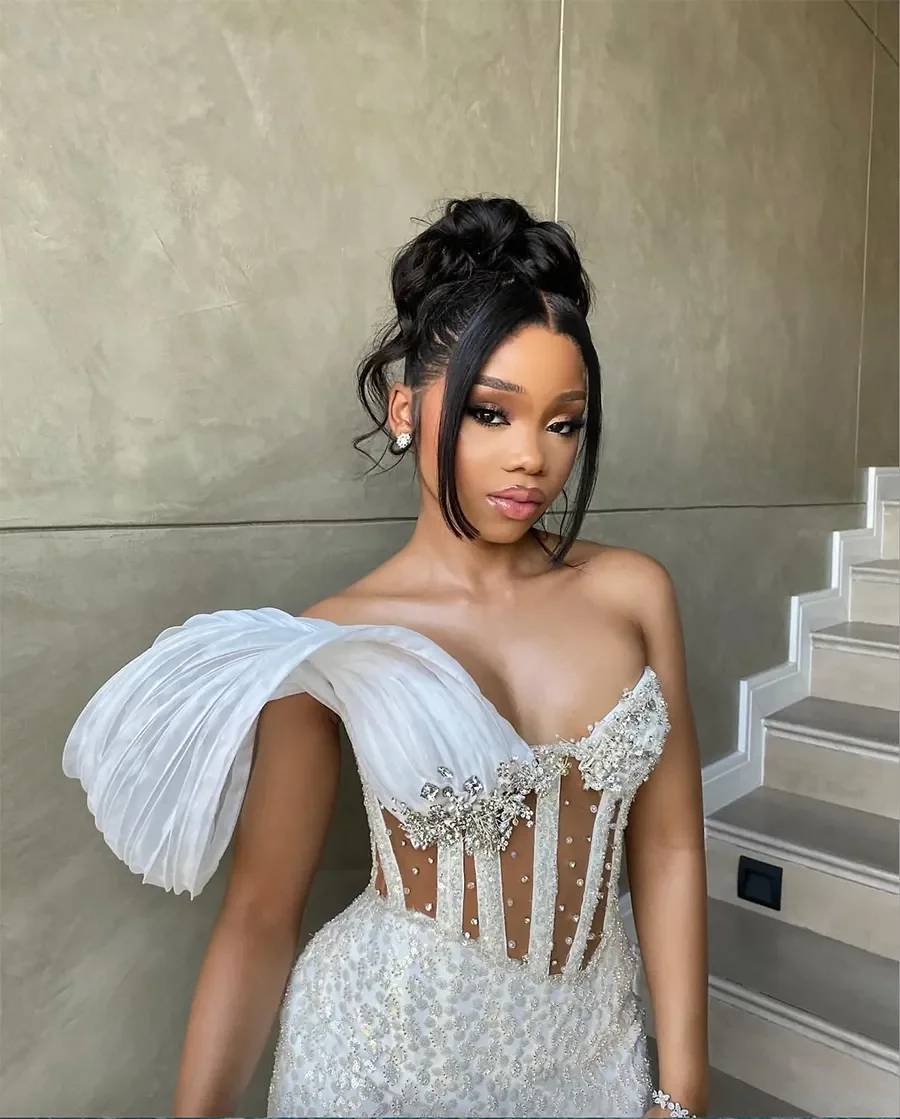 فستان حورية البحر عاجي للحفلات الراقصة مطرز بكريستال مطرز بالدانتيل للسهرات الرسمية وحفلات أعياد الميلاد والخطوبة حسب الطلب