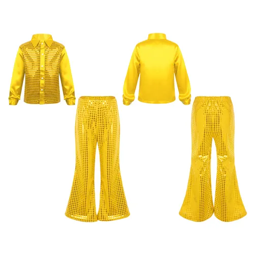 Imagen 2 del producto Conjunto de baile de Jazz para niños, conjunto de baile con lentejuelas brillantes, camisa de Hip-hop con pantalones acampanados, conjuntos de ropa de calle para niños