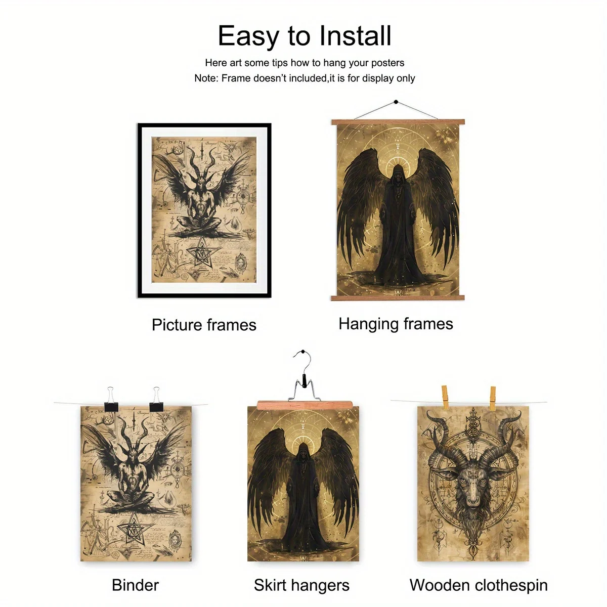 FramelessGothic Wall Art - 3pcs/Set Halloween Theme Canvas Posters, Satan, Goat Devil, Demon, Fallen Angel, Vintage Gothic Home