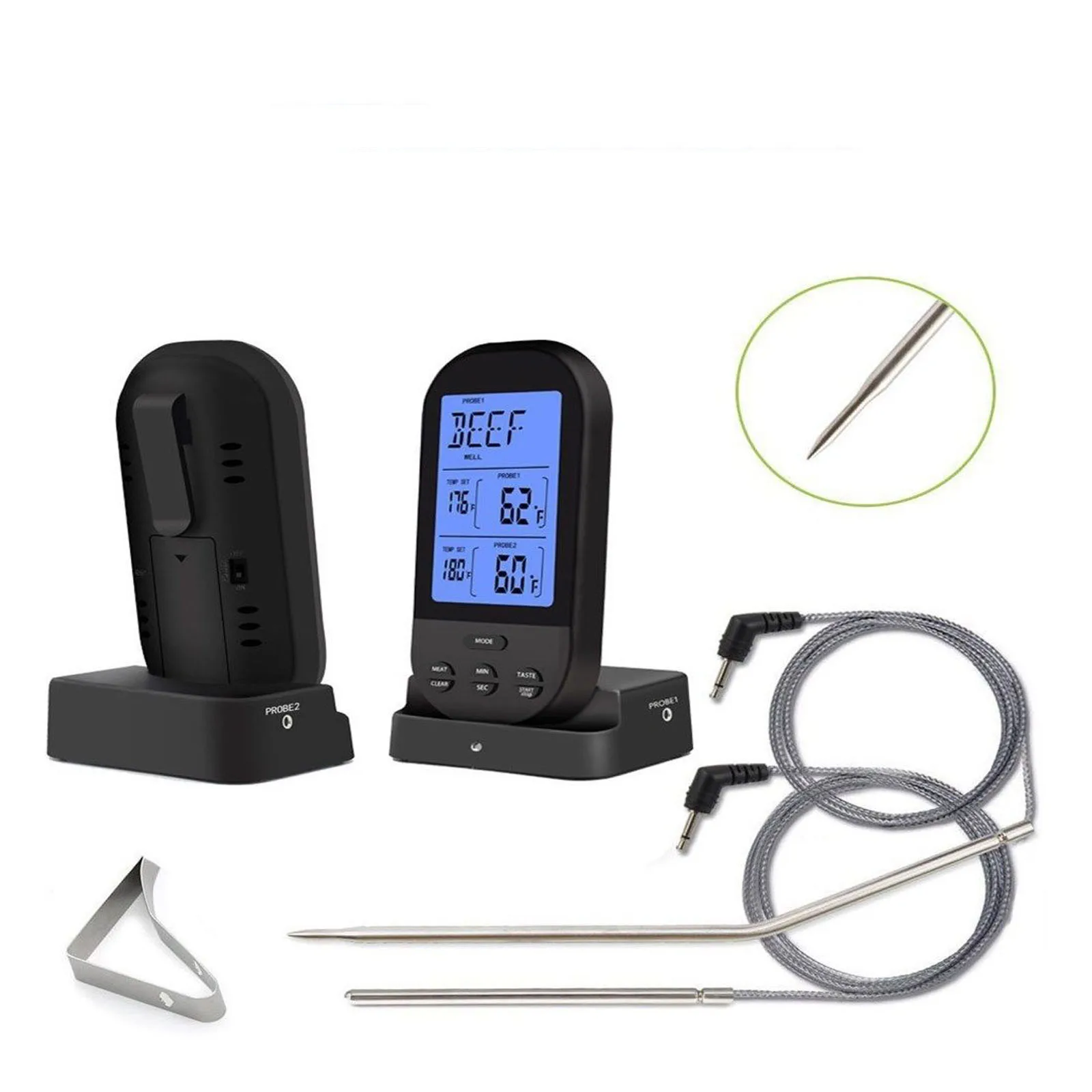 

Dual Wireless BBQ Thermometer Pre set Cooking Temperatures Meat Rare Well Done Remote LCD Instant Read 32F 482F Count Up Timer