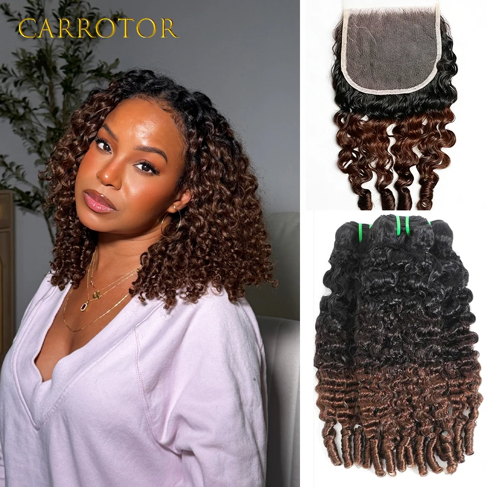 

Наборы натуральных бирманских кудрявых волос омбре коричневого цвета с заколкой 4x4, необработанные бразильские волосы для наращивания, 3 пучка для женщин