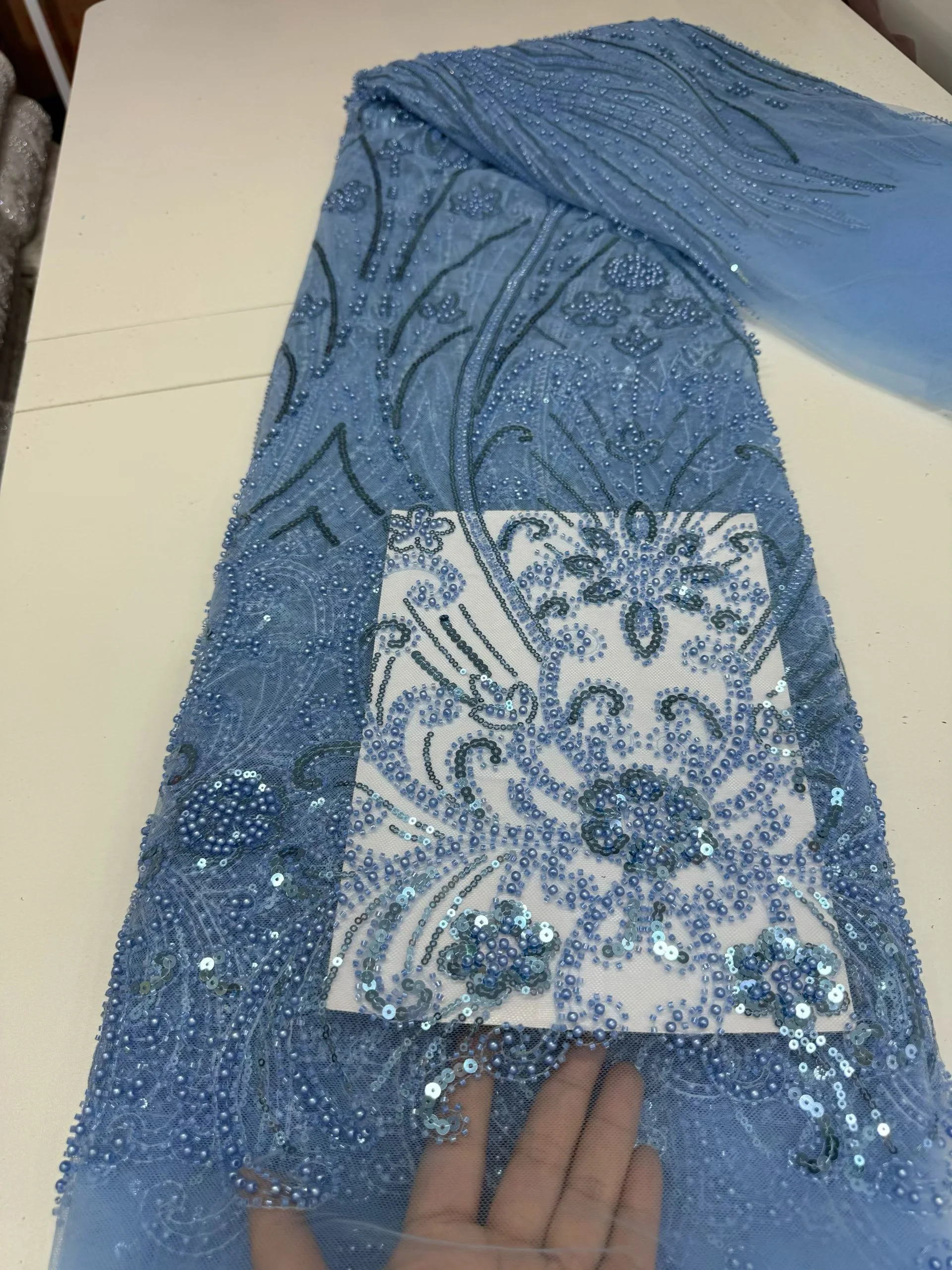 

Luxury African Beads Mesh Lace Fabrics With Sequin 5 Yards French Tulle Beaded Net Lace for Women Evening Dress 3015