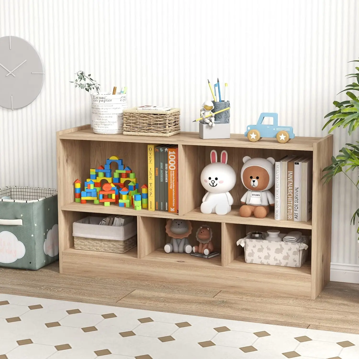 Bibliothèque en bois à 2 niveaux pour enfants, bibliothèque pour enfants à 5 cubes, armoires et étagères, petite valeur de stockage de jouets