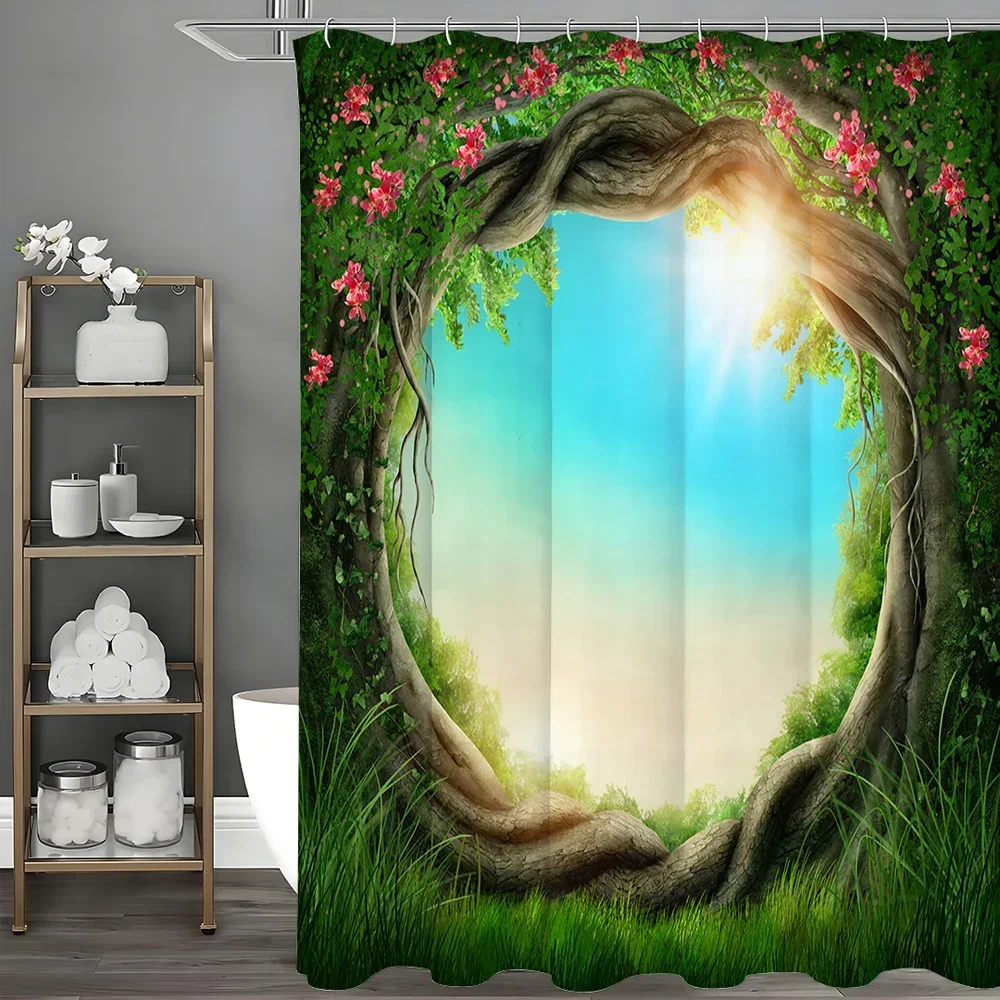

Tree Hole Tree Flower Plant Shower Curtain, Bathroom Decorative Shower Curtain, Waterproof Shower Curtain with Hooks