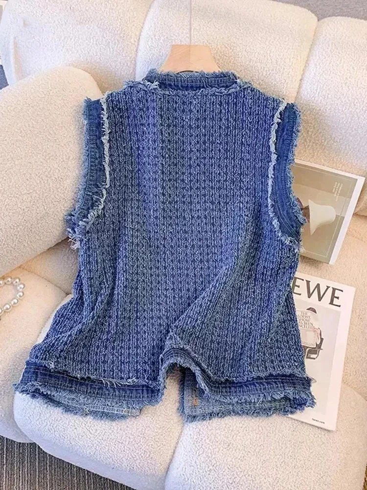 Women Single Breasted Plaid Denim Vest with Tassel Elegant Lady Vests Blue Spring Autumn Flow Sleeveless Tank Top Coat