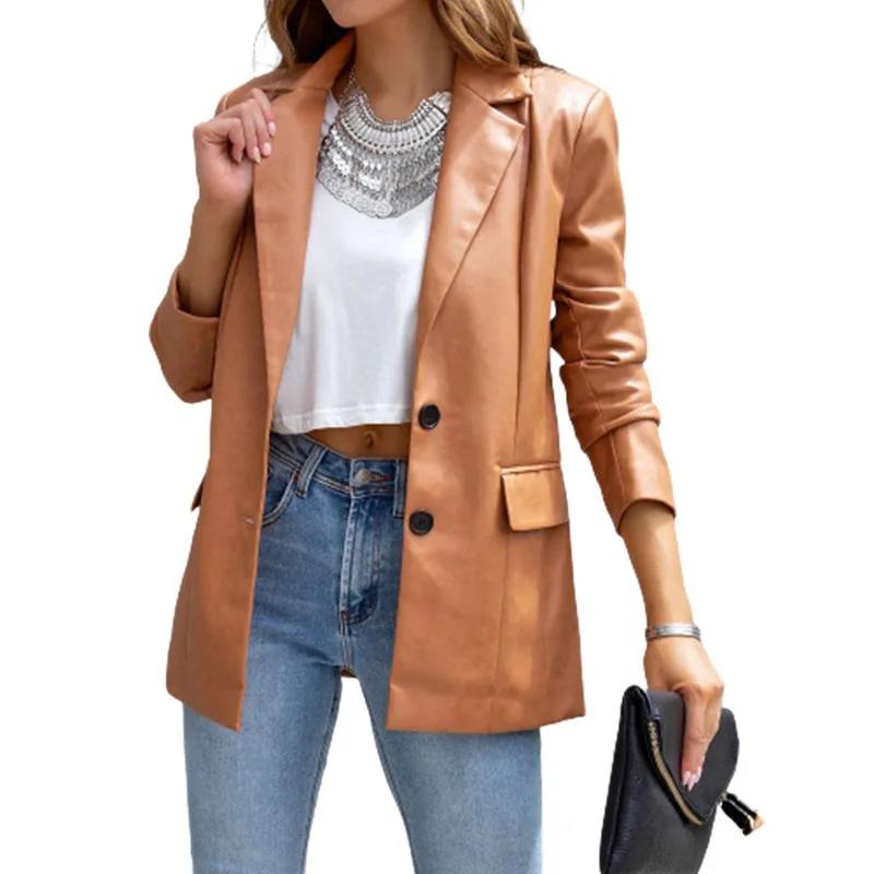 new in outwears pu coat 2025 Faux leather jacket Autumn winter women double pocket long sleeve turn-down single breasted blazer