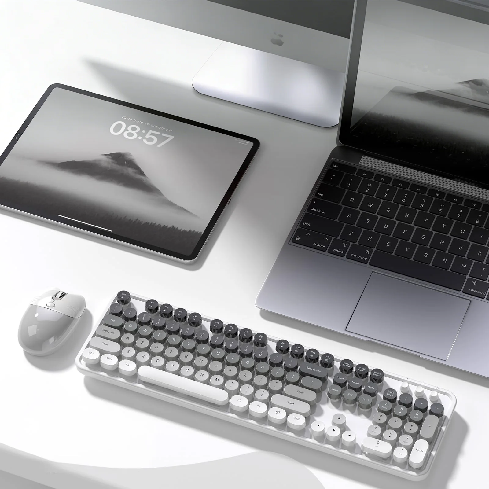 MOFii Sweet Gradient Grey Retro Round Keycaps Wireless Bluetooth Dual Mode Rechargeable Keyboard Mouse Combo, US QWERTY Layout