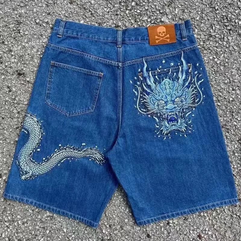 Shorts vintage de rua americano feminino, bordado de caveira Harajuku, calças góticas de perna larga, calças de cinco pontos, novo, Y2K