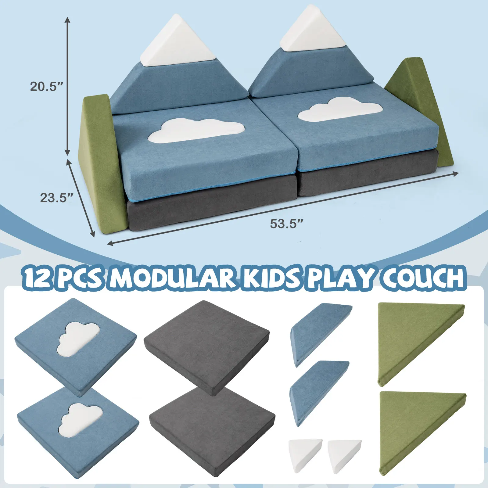 12 PCS Modular Kids Play Couch, Snow Mountain Theme Toddler Foam Building Fort image 6