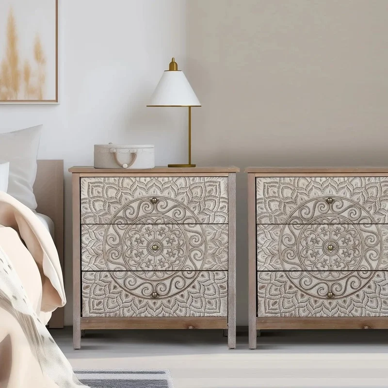 

Set of 2 Wooden 3-Drawer Dressers for Bedroom, Farmhouse Boho Chest of Drawers for Living Room or Entryway