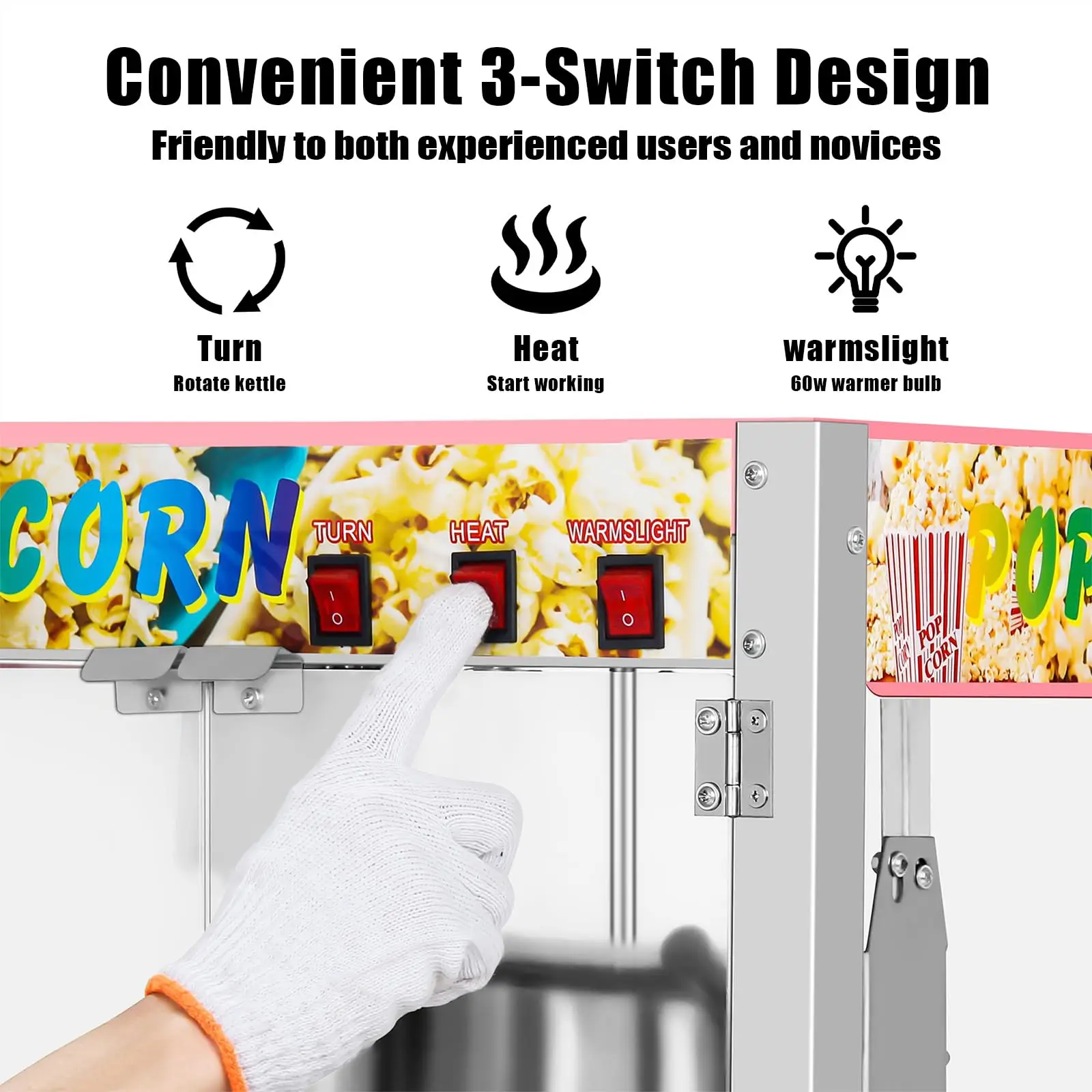 Commercial Popcorn Machine, Retro Cinema Popcorn Maker Machine 3-Switch Control Steel Frame Tempered Glass Doors