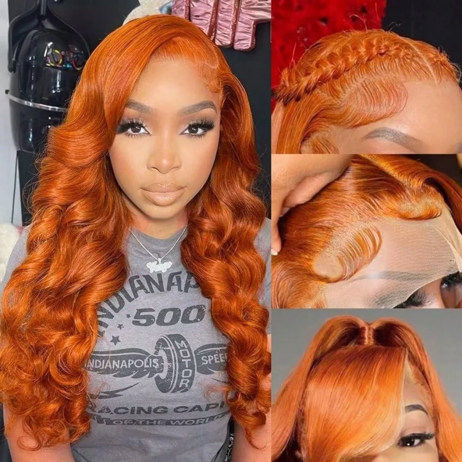 350 Ginger 13x4 HD Transparent Lace Front Wigs Human Hair Orange Colored Body Wave Lace Front Wig For Women 350 Color Wig Free Part Realistic Looking 30 Inch view 2