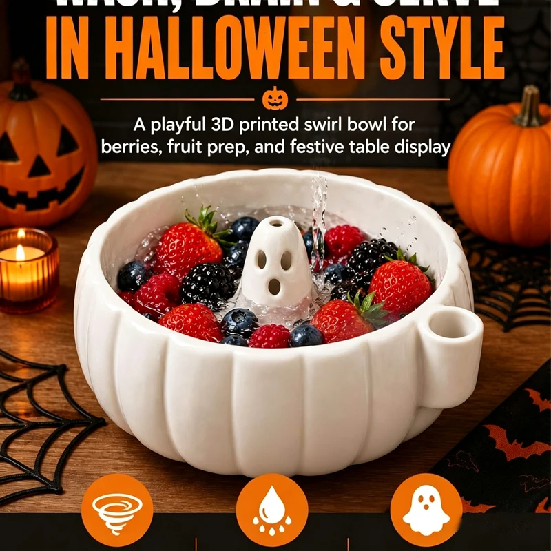 Halloween Pumpkin Ghost Swirl Bowl 3D Printed White Berry Fruit Candy Snack Dip Bowl Spooky Fun Party Table Decor Display