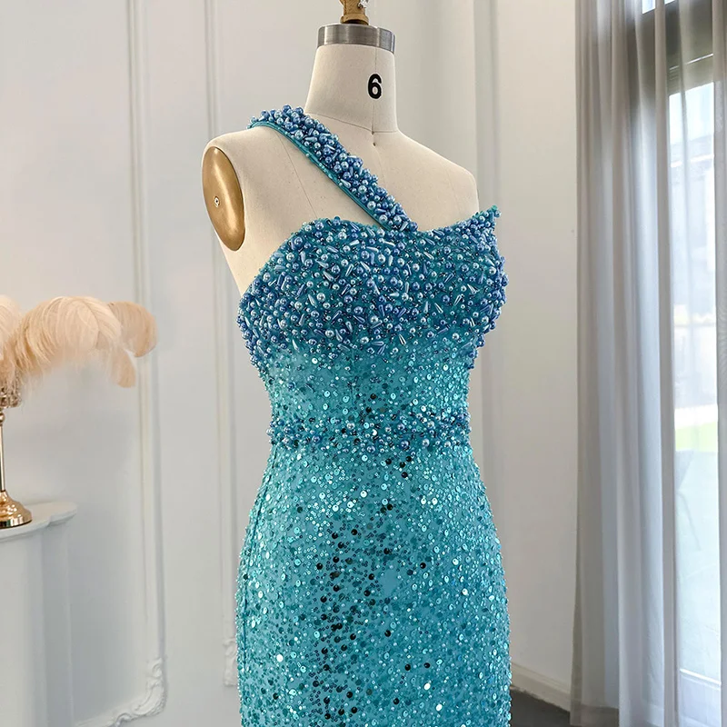 LSCZ113 Fashion Ladies Beading Sleeveless Luxury Dress Strapless Blue Sequin Evening Dress